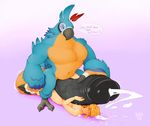  2017 anthro avian balls beak big_balls big_penis bird blonde_hair blue_feathers blush breath_of_the_wild crest cum duo erection feathers hair hi_res humanoid humanoid_on_anthro humanoid_penis hylian hyper interspecies kass_(zelda) larger_anthro larger_male link lying male male/male mammal navel nintendo nude penis rito simple_background size_difference smaller_humanoid smaller_male smolrainbowgoat speech_bubble the_legend_of_zelda vein video_games 