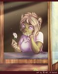  5_fingers anthro breasts clothed clothing collar detailed_background digital_media_(artwork) ear_piercing falla feline female mammal piercing purple_eyes saber-toothed_cat smile smilek solo ts-cat 