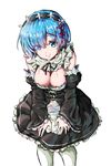  blue_eyes blue_hair blush breasts closed_mouth detached_sleeves dress eyebrows_visible_through_hair eyes_visible_through_hair frilled_sleeves frills hair_ornament hair_over_one_eye head_tilt highres large_breasts leaning_forward looking_at_viewer maid maid_headdress pantyhose re:zero_kara_hajimeru_isekai_seikatsu rem_(re:zero) ribbon-trimmed_clothes ribbon_trim short_hair simple_background sleeves_past_wrists smile solo ubo_(dbsgurdbsk) white_background white_legwear x_hair_ornament 