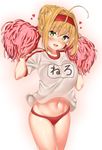  ahoge blonde_hair blush braid breasts buruma cheerleader fate/extra fate/grand_order fate_(series) french_braid green_eyes gym_uniform hair_intakes hands_up heart highres hips kawai large_breasts looking_at_viewer name_tag navel nero_claudius_(fate) nero_claudius_(fate)_(all) olympian_bloomers open_mouth pom_poms red_buruma red_headband shiny shiny_skin shirt smile solo thighs white_shirt 