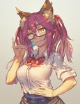  alternate_costume animal_ears breasts candy collarbone fate/extella fate/extra fate_(series) food fox_ears fox_tail glasses grey_background hand_on_hip large_breasts lollipop pink_hair rotix school_uniform semi-rimless_eyewear simple_background solo tail tamamo_(fate)_(all) tamamo_jk_(fate) twintails yellow_eyes 