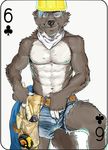  abs armor bare_chest biceps canine card clothed clothing construction_worker digital_media_(artwork) fonyaa fur hair hammer helmet male mammal muscular muscular_male pecs playing_card simple_background smile solo standing teeth tools topless wolf 