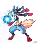  2015 3_fingers 3_toes anthro aura black_fur blue_fur canine clwang fur hi_res mammal mega_evolution mega_lucario nintendo pok&eacute;mon pok&eacute;mon_(species) red_eyes simple_background solo spikes toes traditional_media_(artwork) video_games white_background yellow_fur 