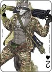  2017 abs anthro card digital_media_(artwork) dog_tags fonyaa fur gun holding_object holding_weapon looking_at_viewer male mammal military muscular muscular_male pecs playing_card procyonid raccoon ranged_weapon simple_background smile solo standing weapon 