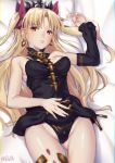  1girl bed_sheet black_leotard blonde_hair bow breasts choker cowboy_shot diadem earrings ereshkigal_(fate/grand_order) fate/grand_order fate_(series) floating_hair gluteal_fold groin hair_bow jewelry leotard long_hair looking_at_viewer lying medium_breasts on_back red_bow red_eyes solo twintails very_long_hair you06 