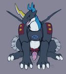  2017 animal_genitalia animal_penis armor claws d-sui digimon digital_drawing_(artwork) digital_media_(artwork) erection feral looking_at_viewer male penis quadruped raidramon scalie simple_background solo tongue 