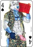  2017 animal_genitalia animal_penis anthro canine canine_penis card clothed clothing digital_media_(artwork) dog dog_tags erection fonyaa fur holding_object knot looking_at_viewer male mammal military muscular muscular_male pecs penis playing_card simple_background smile solo standing tongue tongue_out tools white_fur 