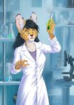  2016 5_fingers anthro black_hair clothed clothing detailed_background digital_media_(artwork) feline female fur hair holding_object mammal solo spots tan_fur ts-cat yellow_eyes 