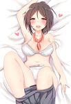  bed_sheet blush bra breasts brown_eyes brown_hair commentary_request heart heart-shaped_pupils highres jewelry large_breasts looking_at_viewer lying on_back open_mouth original panties pikacchi pleated_skirt pregnancy_test ring skirt solo symbol-shaped_pupils underwear white_bra white_panties 