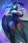  blue_hair breasts cape cleavage covered_navel curvy cutesexyrobutts fishnets gloves hat highres huge_breasts looking_at_viewer my_little_pony my_little_pony_friendship_is_magic parted_lips red_eyes signature smile solo standing thick_thighs thighs trixie_lulamoon tumblr_username witch_hat 