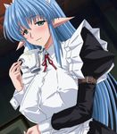  1girl blue_hair blush cum cum_in_container cup elf green_eyes maid pandra solo swallowing 