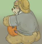  2017 anthro bear blush butt clothing cum eyewear food food_play fruit glasses goyemon_k green_background hat male mammal pumpkin shirt simple_background sitting slightly_chubby solo straw_hat sweat tokyo_afterschool_summoners volos 