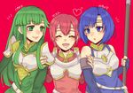  armor armored_dress blue_eyes blue_hair breasts elbow_gloves est fingerless_gloves fire_emblem fire_emblem:_monshou_no_nazo fire_emblem_echoes:_mou_hitori_no_eiyuuou gloves green_eyes green_hair headband highres katua long_hair multiple_girls paola pegasus_knight pink_hair polearm red_eyes short_hair siblings sisters small_breasts smile weapon 