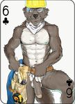  abs anthro armor balls biceps canine card construction_worker digital_media_(artwork) fonyaa foreskin fur hair hammer helmet male mammal muscular muscular_male nude pecs penis playing_card simple_background smile solo standing teeth tools wolf 