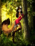 5_figners anthro barefoot black_nose butt_pose canine clothed clothing detailed_background digital_media_(artwork) digitigrade dipstick_tail dress female forest fox fur green_eyes inner_ear_fluff looking_at_viewer mammal multicolored_tail orange_fur outside solo tree ts-cat 