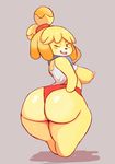  2017 animal_crossing anthro big_breasts big_butt blush breasts butt canine clothed clothing digital_media_(artwork) dog female hair hairband hi_res huge_butt huge_hips imago_ic isabelle_(animal_crossing) looking_back mammal nintendo one_eye_closed open_mouth shirt short_stack shorts solo standing tailless teeth thick_thighs video_games voluptuous wide_hips 