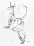  2017 anthro butt clothed clothing cloven_hooves ecmajor equine equustra female full-length_portrait fur greyscale hi_res hooves horn leggings legwear looking_aside looking_at_viewer mammal monochrome open_mouth open_smile panties pencil_(artwork) portrait pose raised_tail simple_background smile solo topless traditional_media_(artwork) underwear unicorn white_background 