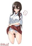  1girl akagi_(kantai_collection) ass_visible_through_thighs bangs black_eyes blush breasts brown_hair cowboy_shot cropped_legs ebifurya eyebrows_visible_through_hair groin hair_between_eyes hakama_skirt highres japanese_clothes kantai_collection large_breasts lifted_by_self long_hair looking_at_viewer moderate_pubic_hair no_panties open_mouth pubic_hair pussy_juice sidelocks simple_background skirt skirt_lift solo spoken_ellipsis twitter_username white_background 