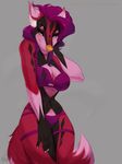  2017 anthro breasts canine digital_media_(artwork) dipstick_tail female fox fur green_eyes hair looking_at_viewer mammal multicolored_tail navel orange_nose purple_hair red_fur simple_background smile solo vexstacy 