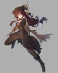  1girl bloodborne brown_hair cape dagger full_body glasses gloves hat highres holding holding_weapon long_hair low-tied_long_hair purple_eyes simple_background solo sword tilt-shift tricorne weapon 