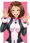  :d aori_sora blush bodysuit boku_no_hero_academia breasts brown_eyes brown_hair choker hands_up large_breasts looking_at_viewer open_mouth short_hair smile uraraka_ochako 