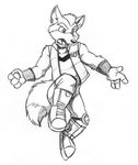  2008 4_fingers anthro biped black_and_white boots canine cirrus clothed clothing eyebrows fluffy fluffy_tail footwear fox fox_mccloud front_view fully_clothed gloves hair jumping male mammal monochrome nintendo open_mouth open_vest pants pencil_(artwork) short_hair simple_background solo star_fox teeth traditional_media_(artwork) vest video_games white_background 