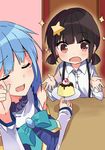  aqua_(konosuba) bad_id bad_pixiv_id black_hair blue_hair blush cat1444444 commentary_request food hair_ornament komekko kono_subarashii_sekai_ni_shukufuku_wo! low_twintails multiple_girls open_mouth orange_eyes pudding red_eyes star star_hair_ornament twintails 