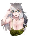  1girl adjusting_eyewear animal_ears armpits bangs bare_shoulders blue_eyes braid breasts camouflage_tank_top cat_ears cleavage commentary_request girls_frontline grey_hair hair_between_eyes highres ksvk_(girls_frontline) large_breasts long_hair looking_at_viewer mechanical_arm open_mouth pandea_work sagging_breasts solo sweat upper_body very_long_hair white_background 