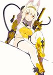  animal_ears arm_up bare_shoulders breasts bright_pupils cleavage covered_navel criss-cross_halter detached_collar dutch_angle elbow_gloves gloves greaves hairband hajime_(hajime-ill-1st) halterneck headgear highres huge_breasts leg_up leotard long_hair medium_hair ninja open_mouth original ribbon_trim sidelocks simple_background solo sword tail thighhighs vambraces weapon white_legwear white_pupils yellow_eyes yellow_hairband 
