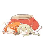  aquila_(kantai_collection) blonde_hair closed_eyes graf_zeppelin_(kantai_collection) hair_ornament hairclip high_ponytail kantai_collection kotatsu long_hair lowres multiple_girls open_mouth orange_hair rebecca_(keinelove) short_hair sidelocks simple_background sleeping table twintails under_kotatsu under_table white_background 