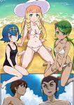  barefoot beach bikini blonde_hair blue_eyes blue_hair blue_sky blush braid breasts brown_hair cleavage cloud comic commentary dark_skin day flower_ornament green_eyes green_hair hat lillie_(pokemon) long_hair male_swimwear mao_(pokemon) medium_breasts multiple_girls navel one-piece_swimsuit outdoors parted_lips pokemon pokemon_(game) pokemon_sm sand short_hair shougakusei side-tie_bikini sitting sky small_breasts smile suiren_(pokemon) sun_hat swim_trunks swimmer_(pokemon) swimsuit swimwear textless twin_braids twintails wariza white_bikini 