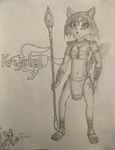  2017 3_toes anthro armor black_and_white breasts canine clothed clothing english_text female footwear fox fur hair headband holding_object krystal krystal&#039;s_staff krystal_pepsi_(artist) loincloth looking_at_viewer mammal monochrome nintendo pencil_(artwork) short_hair simple_background smile solo staff star_fox tailband text toes traditional_media_(artwork) tribal video_games weapon white_background 