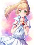  blonde_hair green_eyes highres holding holding_poke_ball lgw7 lillie_(pokemon) long_hair poke_ball poke_ball_(generic) pokemon pokemon_(game) pokemon_sm ponytail shirt short_sleeves skirt solo white_shirt white_skirt 