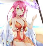  beach beach_mat beach_umbrella blue_hair blush breasts collarbone eyebrows_visible_through_hair feathered_wings hair_between_eyes halo halterneck head_tilt ikasoke_(likerm6au) jibril_(no_game_no_life) long_hair looking_at_viewer lotion medium_breasts multicolored_hair navel no_game_no_life one-piece_swimsuit open_mouth orange_eyes orange_hair orange_swimsuit pink_hair sand sarong sitting smile solo sunscreen swimsuit tattoo umbrella very_long_hair water white_wings wings 