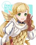 2900cm armor blonde_hair blush braid cape fire_emblem fire_emblem_heroes gloves green_eyes long_hair looking_at_viewer open_mouth sharena simple_background smile solo 