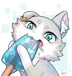  ambiguous_gender blue_eyes cat dkmysr ear_piercing eating feline food fur grey_fur mammal open_mouth pakku piercing popsicle re:zero simple_background tongue tongue_out white_fur 