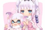  bangs beads blue_eyes blunt_bangs blush bow capelet cosplay crossover domino_mask dragon_girl dragon_horns dress fang fur_trim gradient_hair hair_beads hair_ornament hairband half-closed_eyes horns inkling kanna_kamui kanna_kamui_(cosplay) kobayashi-san_chi_no_maidragon lavender_hair low_twintails mask matsudbox multicolored_hair multiple_girls musical_note open_mouth pointy_ears smile splatoon_(series) twintails two-tone_hair white_hair 