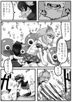  antlers attack battle breath cerulean_(kemono_friends) claw_pose comic extra_ears fur_collar greyscale highres holding holding_weapon kemono_friends kishida_shiki lion_(kemono_friends) lion_ears lion_tail long_hair miniskirt monochrome moose_(kemono_friends) moose_ears moose_tail motion_lines necktie plaid plaid_neckwear plaid_skirt plaid_sleeves pleated_skirt sandstar short_sleeves skirt slashing sweat tail thighhighs translated weapon 