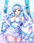  bangs blue_hair breasts brown_eyes cleavage commentary copyright_name crown dress elbow_gloves eyebrows_visible_through_hair flower fumi_(butakotai) fur_trim gloves hair_flower hair_ornament holding indoors jewelry large_breasts long_hair looking_at_viewer maboroshi_juuhime open_mouth scepter shiny short_dress smile solo sparkle veil white_dress white_gloves 
