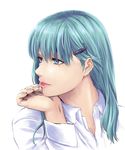  aqua_hair blue_eyes collar collared_shirt hair_ornament hairclip hand_on_own_chin ishii_hisao kantai_collection lips looking_to_the_side open_collar shirt simple_background solo suzuya_(kantai_collection) upper_body white_background white_shirt 