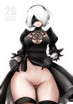  1girl black_dress black_gloves blindfold breasts censored cleavage cowboy_shot dress gloves gluteal_fold leotard looking_at_viewer medium_breasts mole mole_under_mouth navel nier_(series) nier_automata no_panties pussy short_hair simple_background solo souryu thick_thighs thigh_gap thighs white_background white_hair wide_hips yorha_no._2_type_b 