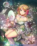  arm_support bangs bare_shoulders blonde_hair breasts bucket choker commentary copyright_name eyebrows_visible_through_hair fan floral_print fumi_(butakotai) gem green_eyes hair_ornament holding japanese_clothes jewelry kimono large_breasts looking_at_viewer looking_up maboroshi_juuhime petals shiny short_hair sitting smile soaking_feet solo sparkle water wide_sleeves wrist_cuffs 