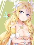  armlet bangle bangs blonde_hair blue_eyes blush bracelet braid breasts cleavage closed_mouth collarbone elf flower forehead_jewel green_background hair_flower hair_ornament head_tilt ikasoke_(likerm6au) jewelry large_breasts long_hair looking_at_viewer no_game_no_life number parted_bangs pointy_ears single_braid smile solo sync_nilvalen upper_body very_long_hair 