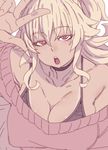  :o amanda_(sennen_sensou_aigis) bare_shoulders black_bra blonde_hair bra breasts cleavage close-up collarbone commentary_request covered_nipples eyebrows_visible_through_hair gyaru highres large_breasts looking_at_viewer medium_hair off_shoulder red_eyes sennen_sensou_aigis simple_background sketch solo sweater tan tasaka_shinnosuke underwear upper_body w white_background 