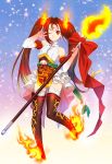 1girl absurdres alternate_costume boots bow breasts brown_eyes brown_hair elbow_gloves facial_mark fate/grand_order fate_(series) fire flaming_weapon flower forehead_mark gloves highres holding holding_weapon lotus magical_girl nagiko_(mangalove1111) nezha_(fate/grand_order) one_eye_closed polearm small_breasts spear thigh_boots thighhighs twintails weapon 