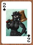  anthro big_breasts bigbewbs black_fur black_hair black_nipples bovine braided_hair breasts brian_mcpherson card female fur hair hammer hand_on_hip holding_object mammal nipples piercing playing_card suit_symbol tauren tools two_of_club video_games warcraft weapon 