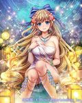  afloat_lantern bangs bare_shoulders blonde_hair blue_eyes blush bow breasts cleavage collarbone commentary copyright_name earrings eyebrows_visible_through_hair fumi_(butakotai) hair_bow hair_ornament jewelry lantern large_breasts lips long_hair looking_at_viewer maboroshi_juuhime naked_towel necklace night night_sky onsen outdoors paper_lantern partially_submerged shiny sitting sky smile solo sparkle towel very_long_hair water wrist_cuffs 