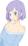  :p absurdres bangs bare_shoulders blue_eyes blue_sweater blush breasts cleavage closed_mouth donguri_suzume dress eyebrows_visible_through_hair highres large_breasts long_sleeves looking_at_viewer mole mole_on_shoulder purple_hair short_hair simple_background solo sweater sweater_dress tongue tongue_out upper_body white_background 