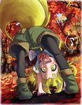  :d absurdres animal_ears autumn_leaves belt bent_over black_legwear blonde_hair blue_shirt boots child commentary_request doitsuken eighth_note forest fox_child_(doitsuken) fox_ears fox_tail green_footwear highres looking_at_viewer looking_through_legs multiple_tails musical_note nature open_mouth original outdoors pantyhose shirt short_eyebrows short_hair shorts smile solo spoken_musical_note standing tail thick_eyebrows two_tails upside-down yellow_eyes 