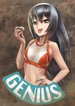  :p abazu-red bangs commentary_request english eyebrows_visible_through_hair girls_und_panzer hand_on_hip holding long_hair looking_at_viewer navel open_mouth orange_bikini_top reizei_mako solo standing tongue tongue_out upper_body white_headband 